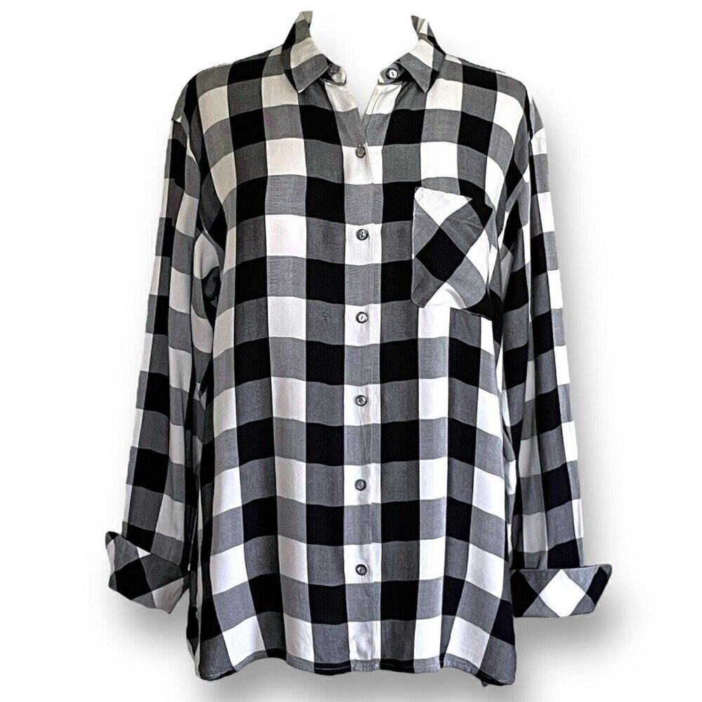 J Jill Womens Top Sz Medium Black White Buffalo Plaid Button Up Shirt Cabincore
